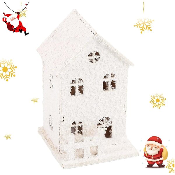Casetta natalizia in legno a LED | Decorazione luminosa per feste | Mini casa di paese 7x7x8 cm