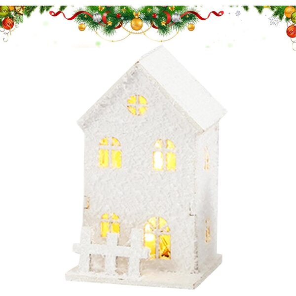 Casetta natalizia in legno a LED | Decorazione luminosa per feste | Mini casa di paese 7x7x8 cm