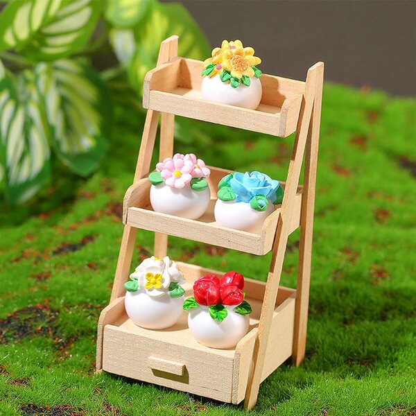 Supporto per fiori in legno 1:12 per casa delle bambole, mini scaffalatura 3 piani Quintrost
