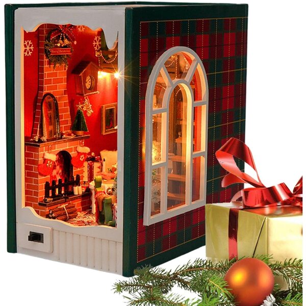 Kit Book Nook di Natale Miniatura con LED e Decorazioni Festive 13,5x15x9 cm