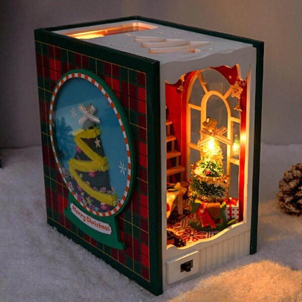 Kit Book Nook di Natale Miniatura con LED e Decorazioni Festive 13,5x15x9 cm