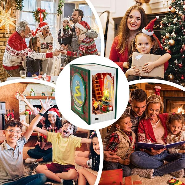 Kit Book Nook di Natale Miniatura con LED e Decorazioni Festive 13,5x15x9 cm