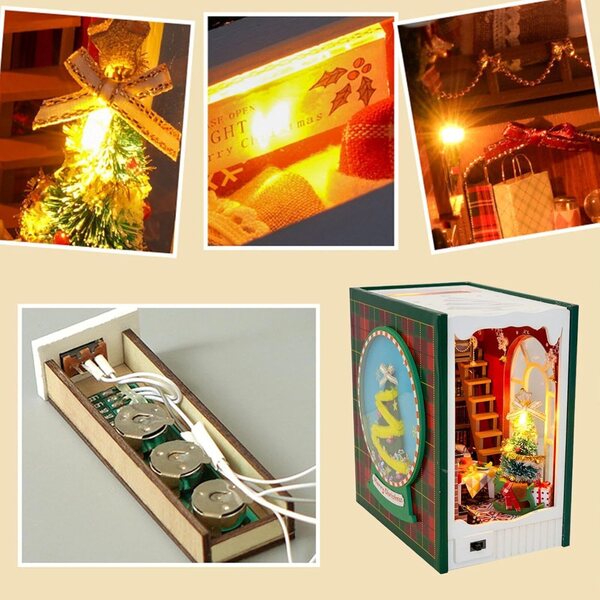 Kit Book Nook di Natale Miniatura con LED e Decorazioni Festive 13,5x15x9 cm