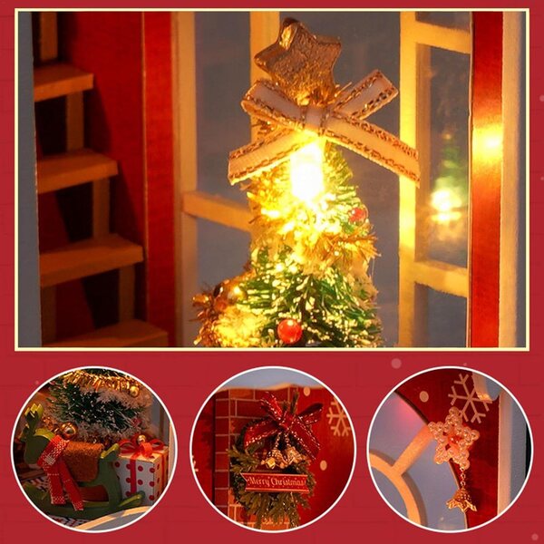 Kit Book Nook di Natale Miniatura con LED e Decorazioni Festive 13,5x15x9 cm