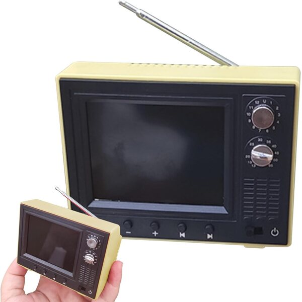 Vintage-Mini-Fernseher im Maßstab 1:12 für Puppenhaus mit wiederaufladbarem USB-LCD-Bildschirm