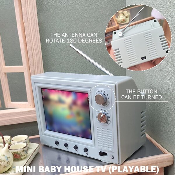 Vintage-Mini-Fernseher im Maßstab 1:12 für Puppenhaus mit wiederaufladbarem USB-LCD-Bildschirm