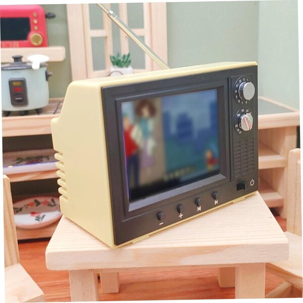 Vintage-Mini-Fernseher im Maßstab 1:12 für Puppenhaus mit wiederaufladbarem USB-LCD-Bildschirm