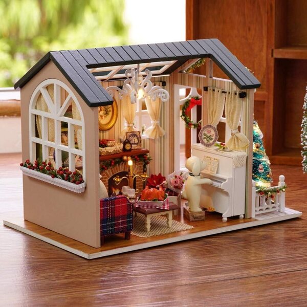 DIY-Puppenhaus-Bausatz aus Holz mit LED-Lichtern für einzigartige Dekoration