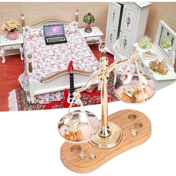 Bilancia Miniatura 1:12 in Legno e Lega per Casa di Bambola, Accessori Decorativi Retro