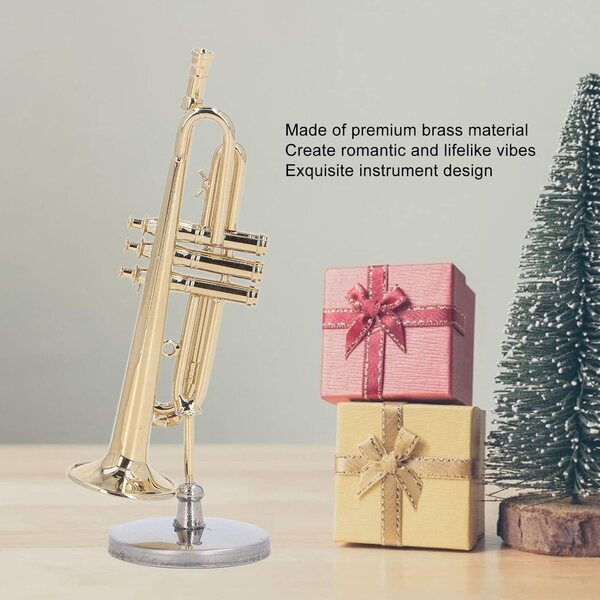 JEOZBM Trompette Miniature in Ottone 9cm con Supporto e Custodia, Decorazione Musicale