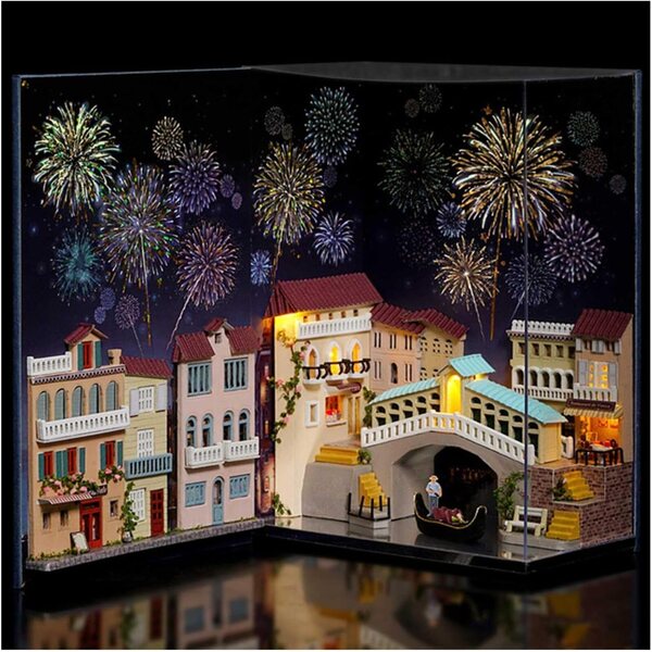 3D-Buchecken-Bausatz aus Holz mit LED-Lichtern und Miniatur-Hausdekoration