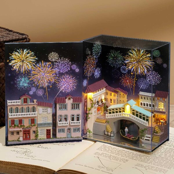 3D-Buchecken-Bausatz aus Holz mit LED-Lichtern und Miniatur-Hausdekoration