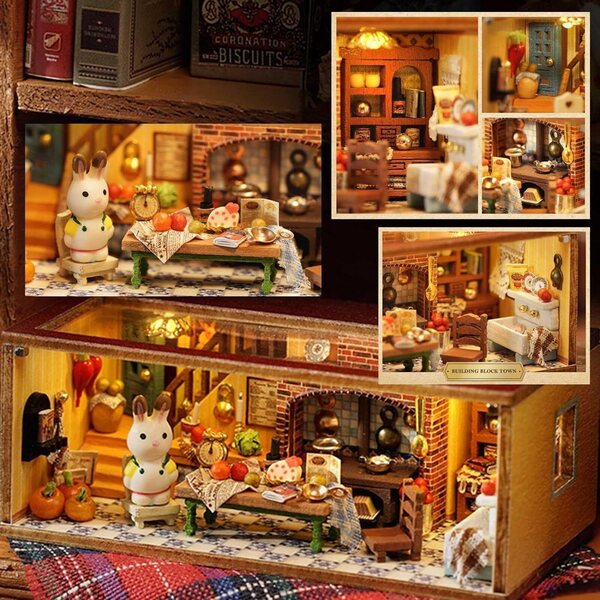 6-in-1 DIY dekoratives LED-Buch-Gewächshaus-Set aus Holz für Puppenhaus