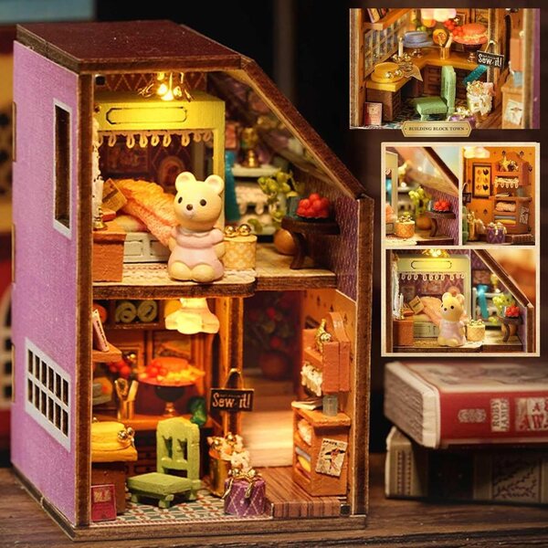 6-in-1-DIY-Miniaturhaus-Bausatz mit LED, Holzgewächshäusern, kreative Dekoration