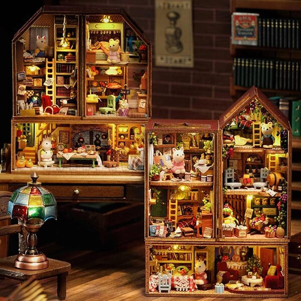 6-in-1-DIY-Miniaturhaus-Bausatz mit LED, Holzgewächshäusern, kreative Dekoration