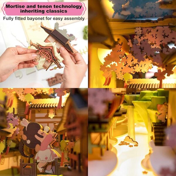 HMLOPX DIY-Kit: 3D-Bücherregal aus Holz mit LED für Puppenhaus