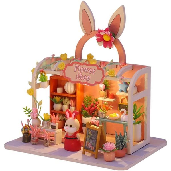 DIY Mini-Puppenhaus-Bausatz aus Holz mit Lapin Fleuriste, Kreativspiel 1:24