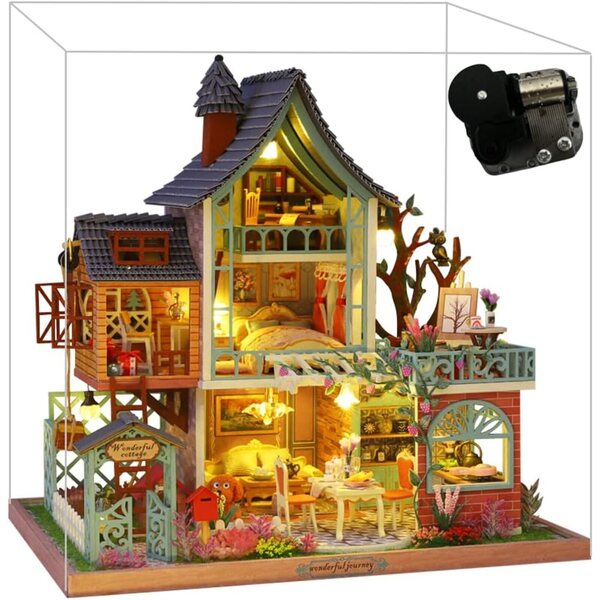 Mini-3D-Puppenhaus aus Holz im rustikalen Stil mit Musikwerk und Staubbehälter