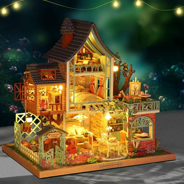 Mini-3D-Puppenhaus aus Holz im rustikalen Stil mit Musikwerk und Staubbehälter