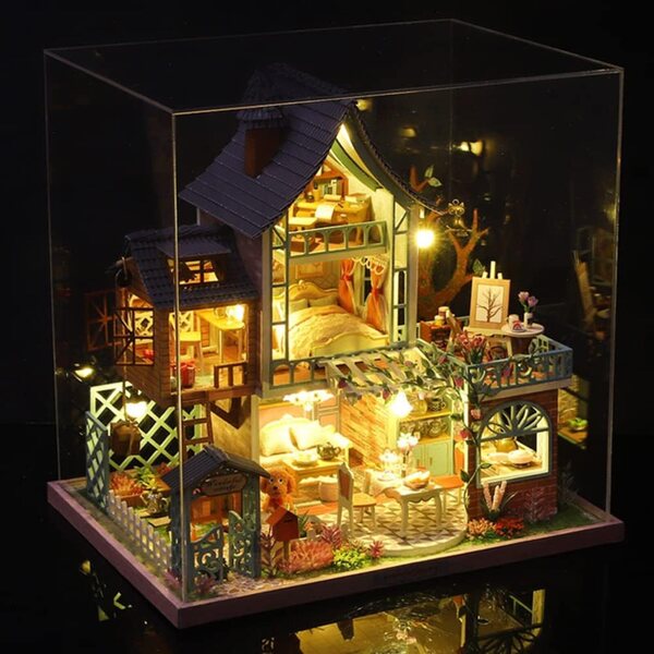 Mini-3D-Puppenhaus aus Holz im rustikalen Stil mit Musikwerk und Staubbehälter