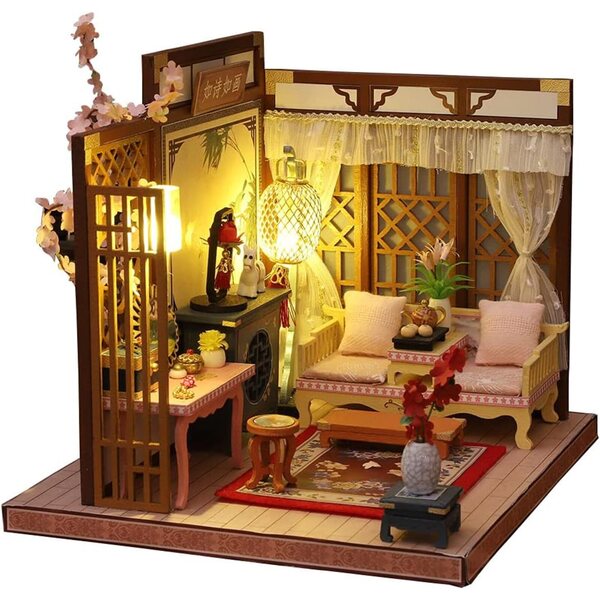 Chinesischer Miniatur-Puppenhaus-Bausatz mit Holzmöbeln und LED-Leuchten – XLZSP