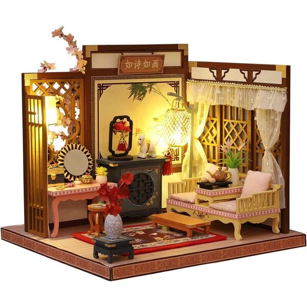 Chinesischer Miniatur-Puppenhaus-Bausatz mit Holzmöbeln und LED-Leuchten – XLZSP