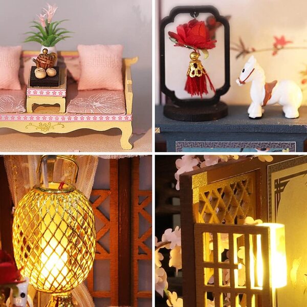 Chinesischer Miniatur-Puppenhaus-Bausatz mit Holzmöbeln und LED-Leuchten – XLZSP