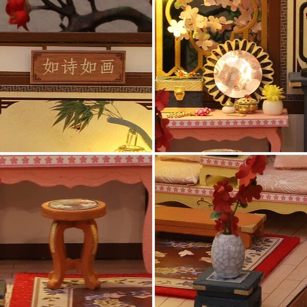 Chinesischer Miniatur-Puppenhaus-Bausatz mit Holzmöbeln und LED-Leuchten – XLZSP