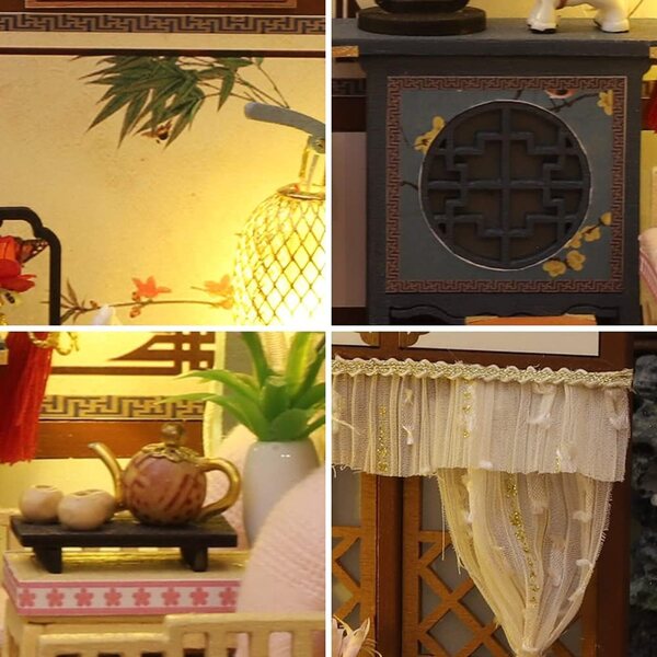 Chinesischer Miniatur-Puppenhaus-Bausatz mit Holzmöbeln und LED-Leuchten – XLZSP