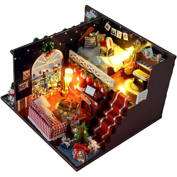 Casa delle bambole in miniatura in legno fai-da-te con LED e armadietto realistico - Kit creativo