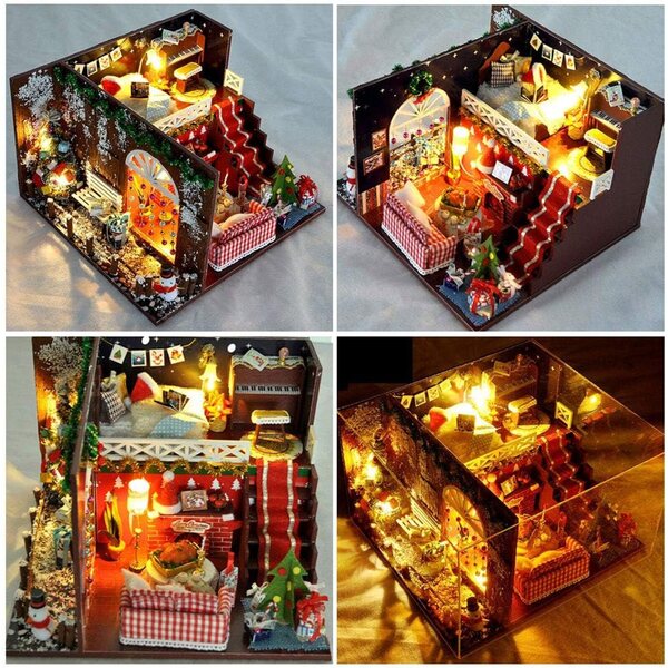 Casa delle bambole in miniatura in legno fai-da-te con LED e armadietto realistico - Kit creativo
