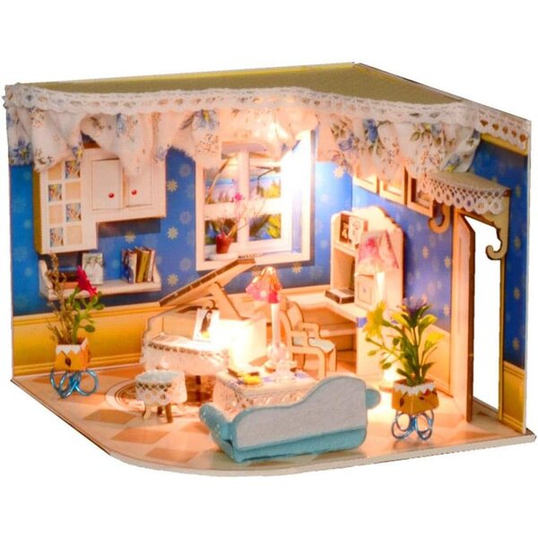 Casa delle bambole in legno in miniatura fai-da-te con LED e mobili realistici