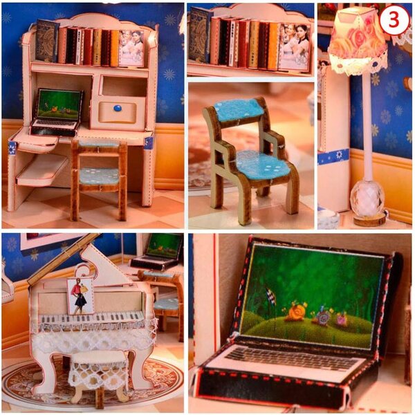 Casa delle bambole in legno in miniatura fai-da-te con LED e mobili realistici