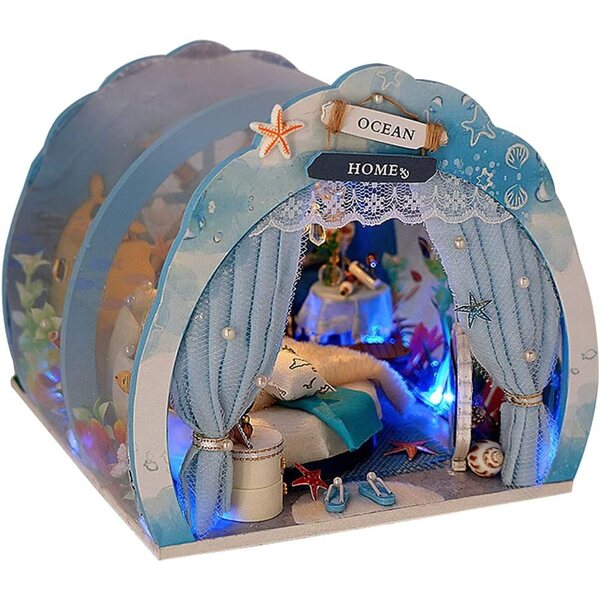Kit Casa di Bambola Miniatura DIY Blu Oceano con LED e Tessuti – XLZSP