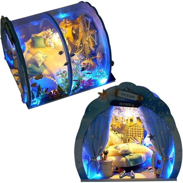 Kit Casa di Bambola Miniatura DIY Blu Oceano con LED e Tessuti – XLZSP