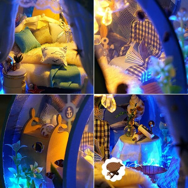 Kit Casa di Bambola Miniatura DIY Blu Oceano con LED e Tessuti – XLZSP