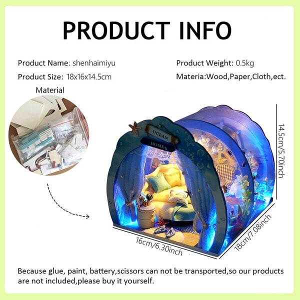 Kit Casa di Bambola Miniatura DIY Blu Oceano con LED e Tessuti – XLZSP