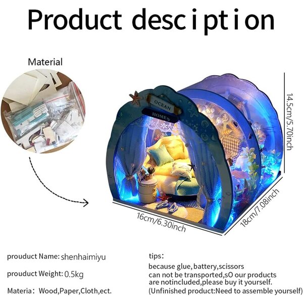 Kit Casa di Bambola Miniatura DIY Blu Oceano con LED e Tessuti – XLZSP