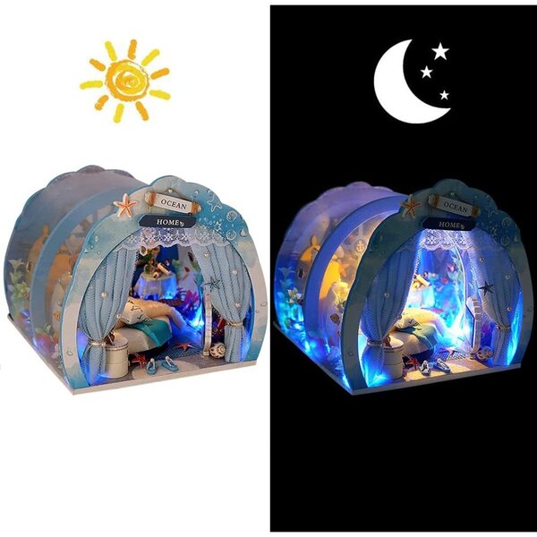 Kit Casa di Bambola Miniatura DIY Blu Oceano con LED e Tessuti – XLZSP