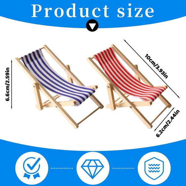 Mini sedie a sdraio decorative 1:12 pieghevoli in legno e tessuto blu e bianco
