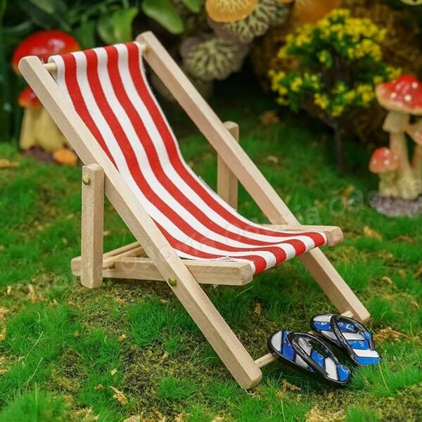 Mini sedie a sdraio decorative 1:12 pieghevoli in legno e tessuto blu e bianco