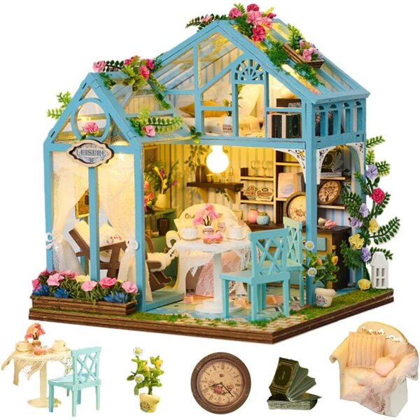 Kit casa delle bambole in legno vintage europea, tema tè pomeridiano, miniatura fai-da-te