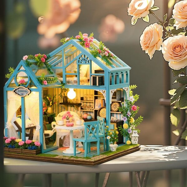 Europäischer Vintage-Puppenhaus-Bausatz aus Holz, Nachmittagstee-Thema, DIY-Miniatur