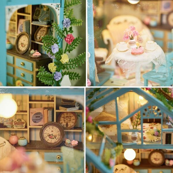 Europäischer Vintage-Puppenhaus-Bausatz aus Holz, Nachmittagstee-Thema, DIY-Miniatur