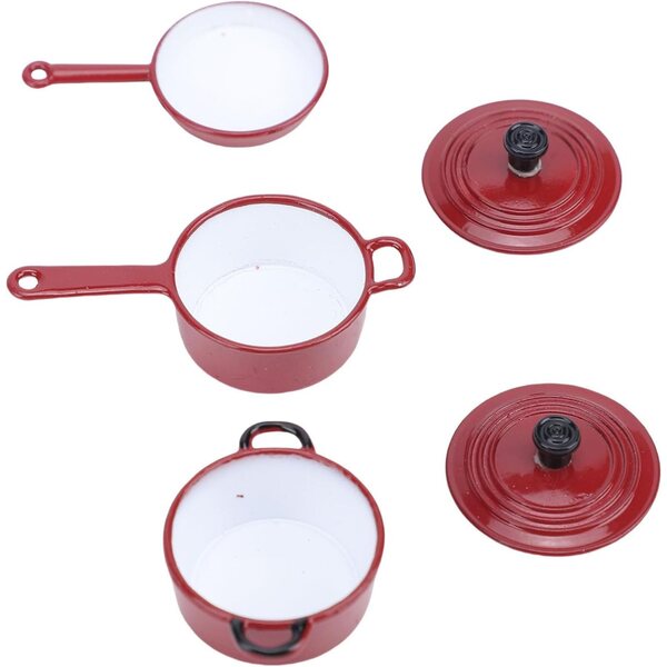 Set Cucina Miniatura in Lega Smaltata per Casa delle Bambole con Pentole e Padella