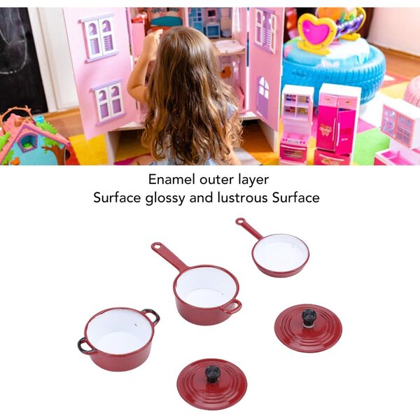 Set Cucina Miniatura in Lega Smaltata per Casa delle Bambole con Pentole e Padella