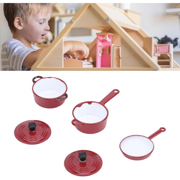Set Cucina Miniatura in Lega Smaltata per Casa delle Bambole con Pentole e Padella