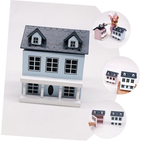 ERINGOGO Mini-Haus-Set aus pastellblauem Holz mit grauem Dach für Dekorationen und Spiele