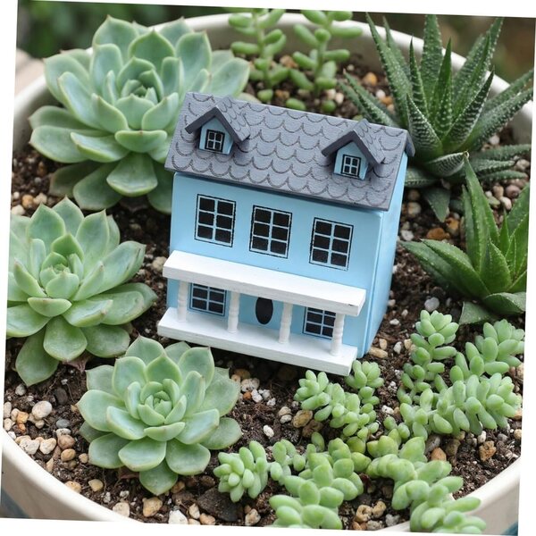 ERINGOGO Mini-Haus-Set aus pastellblauem Holz mit grauem Dach für Dekorationen und Spiele