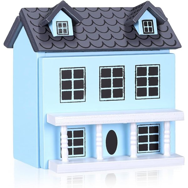 Hohopeti DIY-Minihaus-Bausatz aus Holz, blaue Miniaturdekoration mit grauem Dach